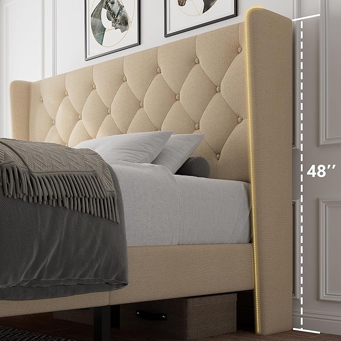 iPormis Full Size Platform Bed Frame with Button Tufted Headboard, Upholstered Bed Frame with Solid Wooden Slats, 8" Underbed Space, No Box Spring Needed, Noise Free, Easy Assembly, Beige