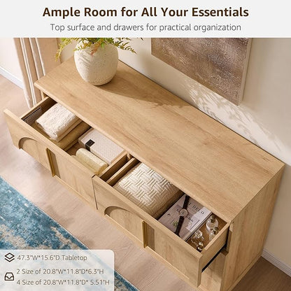 ACCOHOHO Arched Dresser for Bedroom with 6 Drawers, 47.3" Wide Modern Chest of Drawers with Rounded Edge & Metal Handles, Wood Storage Closet Dressers TV Stand for Living Room, Hallway, Natural Oak