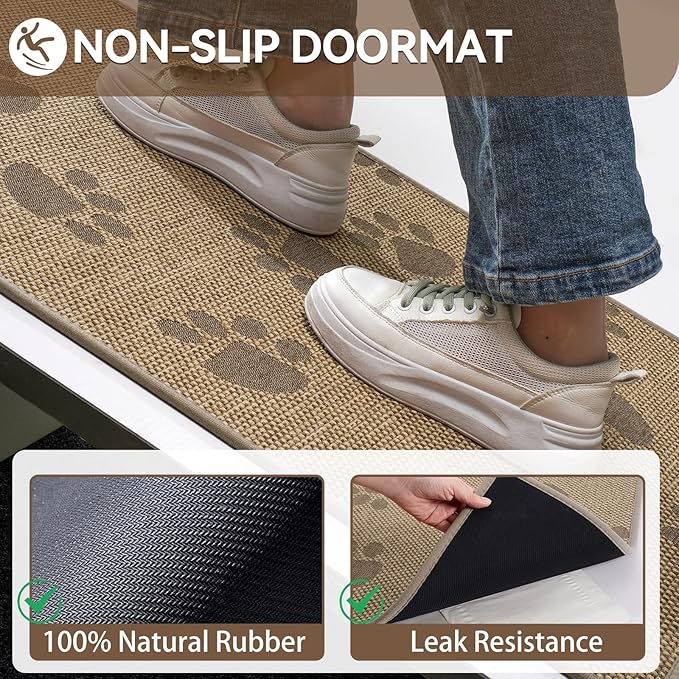 Door Mat Indoor Entrance 24"x35", 0.16" Thin Paw Print Low Pile Doormat, Non Slip Welcome Mat, Trap Dirt and Moisture, Easy Clean, Brown