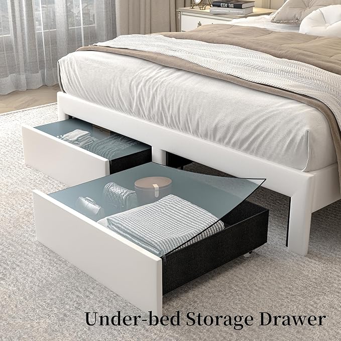 Queen LED Bed Frame with 2 Storage Drawers, PU Upholstered Platform Beds with Galaxy Star Projector Charging Station Speaker, Aurora Bedframe with 2-Tier Storage Headboard, Noise-Free, White