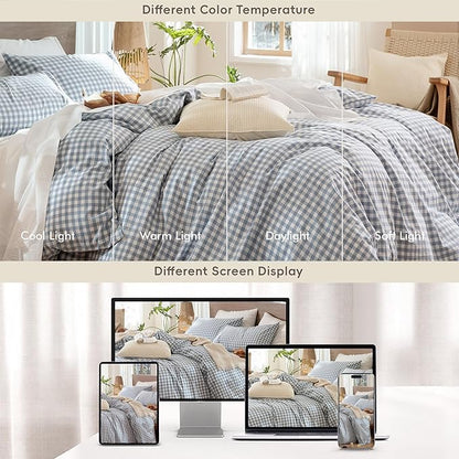 MooMee Gingham Duvet Cover Set 100% Washed Cotton Linen Like Textured Breathable Durable Soft Comfy Modern Checkered Design (Classic Gingham Cornflower Blue, Super Queen 90"x98")