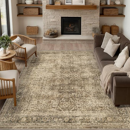 FMFUNCTEX 6x9 Washable Area Rug Brown Vintage Neutral Distressed Large Non Slip Carpet for Living Room Bedroom Soft Low Pile Indoor Mat Retro Floral Throw Rug for Dining Room Kitchen Office Nursery