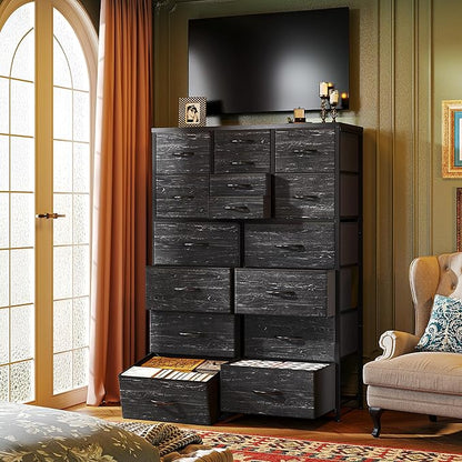 57“H Dresser for Bedroom with Drawers, Fabric Dressers & Chests of Drawers, Large Black Dresser with Sturdy Metal Frame, Wood Top,Entryway, Hallway