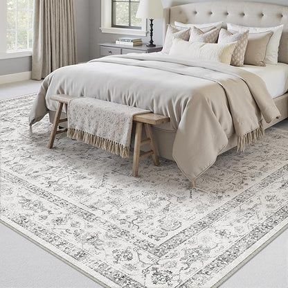 Grey 9x12 Area Rug Vintage Washable Living Room Carpet Non Slip Neutral Bedroom Indoor Office Low Pile Large Traditional Distressed Retro Gray Accent Rug for Dining Room Bathroom Kitchen