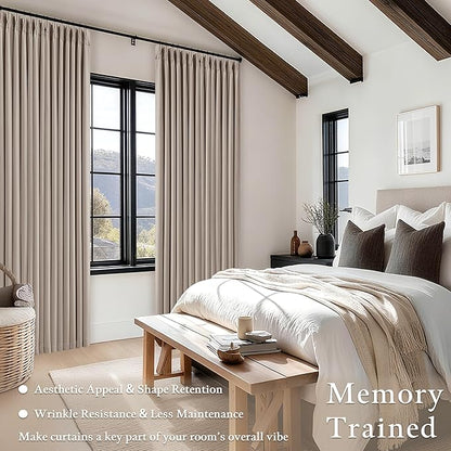 Memory Trained Pinch Pleated 100% Blackout Linen 80 Inch Curtains for Bedroom Room Darkening Light Blocking Burlywood Tan Window Curtain 80 Inches Long Living Room Black Out Pleat Drapes Dual Layer