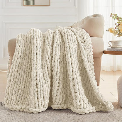 Carriediosa Chunky Knit Throw Blanket 50" X 60", 100% Hand Made Large Chenille Loop Yarn Soft Fluffy Throws for Couch Sofa Bed, Big Crochet Cozy Heavy Thick Cable Woven Blanket, Light Beige