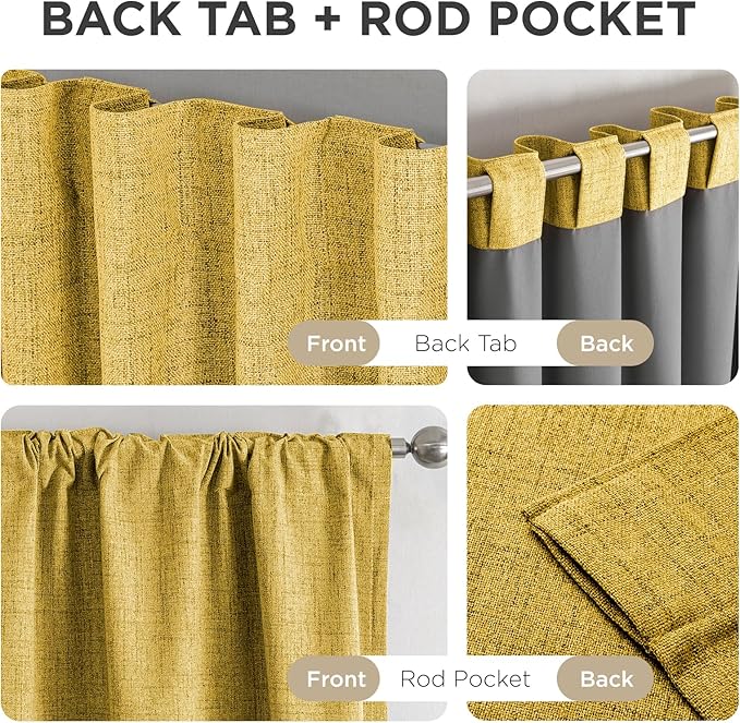 Joydeco Blackout Curtains for Bedroom - 100% Light Blocking 2 Panels Set Yellow Drapes 66" W x 90" L, Thermal Insulated Room Darkening Curtains, Linen Textured for Living Room, Rod Pocket & Back Tabs