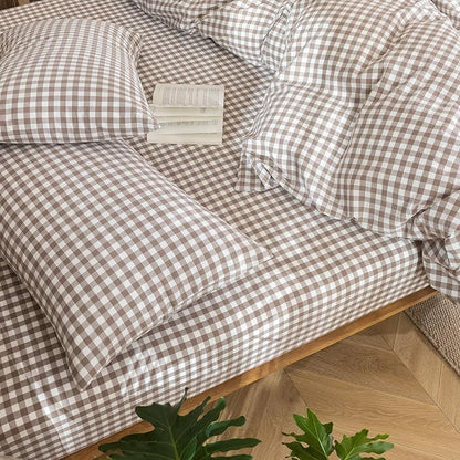 MooMee Gingham Duvet Cover Set 100% Washed Cotton Linen Like Textured Breathable Durable Soft Comfy Modern Checkered Design (Brown Gingham, Full 80"x90")