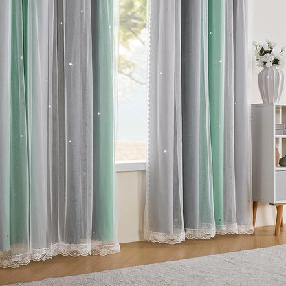 XiDi Blackout Curtains for Bedroom & Kids Room - Rainbow, Unicorn Wall Decals - Green, Grey - 34x84 Inch - 1 Panel