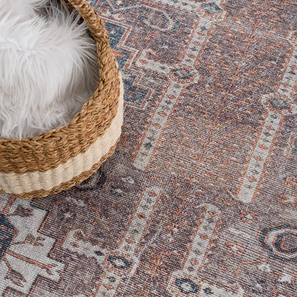 Bloom Rugs Washable 3' x 5' Rug - Brown/Blue/Orange Traditional Area Rug for Living Room, Bedroom, Dining Room, and Kitchen - Exact Size: 3' x 5'