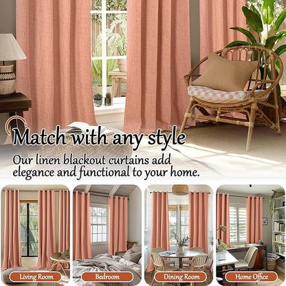 Terracotta Linen Blackout Curtains for Living Room 60 Inch Wide, Boho Farmhouse Curtains 84 Inch Long, Total Black Out Thermal Insulated Boho Window Drapes, Each Set 60x84 Inch 2 Panels