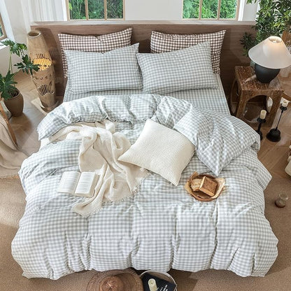 MooMee Gingham Duvet Cover Set 100% Washed Cotton Linen Like Textured Breathable Durable Soft Comfy Modern Checkered Design (Northern Droplet Grey Gingham, Super Queen 90"x98")
