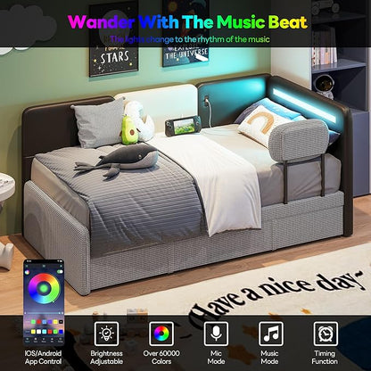 LIKIMIO Twin Daybed with Trundle, Day Bed Frame with 2 USB Ports& LED, Upholstered Guardrail, Sofa Bed with Strong Supports for Bedroom, Living Room