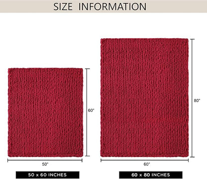 Chunky Knit Throw Blanket 50"X 60", 100% Handmade with Soft Chenille Yarn, 4.4lbs Thick Cable Knitted Blankets, Large Rope Knot Crochet Throws for Couch Sofa Bed Home Decor, Red