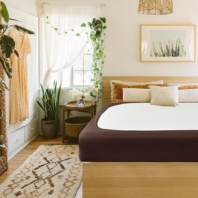 Biscaynebay Decorative Box Spring Cover Full & Full XL Size, Brown Jersey Luxurious Jersey Knitting Stretchy Wrap Around 4 Sides Bed Skirt for Home/Hotels, Easy Fit Wrinkle Free Machine Washable