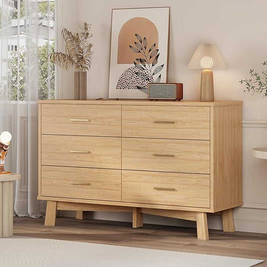 Dresser for Bedroom, 6 Drawer Wide Modern Chest of Drawers with X-Shaped Sturdy Base, Wood Double Dresser Closet Clothes Storage Organizer, Wooden TV Stand for Living Room, Hallway, Oak