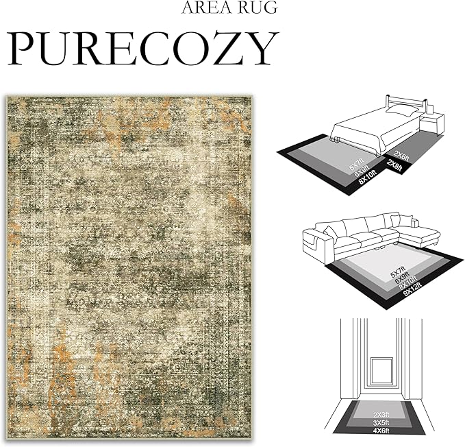 Area Rug 8x10 Brown Washable Non-Slip Lightweight Floral Vintage Distress Print Rug for Living Room Low Pile Soft Throw Indoor Carpet for Office College Dorm Laundry Dining Room Bedroom