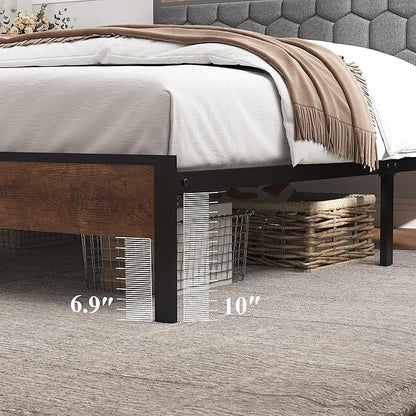 Queen Size Bed Frame with Storage Headboard & Charging Station, Platform Bedframe with LED Lights, Upholstered Headboard, Metal Slat Support, No Box Spring Needed