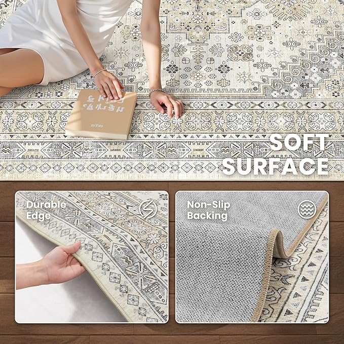 zesthome 9x12 Area Rugs,Stain Resistant Washable Rug,Ultra-Thin Rugs for Living Room,Bedroom,Non-Slip Backing Home Decor Large Area Rug (Beige,9'x12')