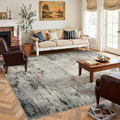 Area Rug Living Room Rugs - 10x12 Washable Large Soft Indoor Neutral Modern Abstract Low Pile Rug Carpet for Bedroom Dining Room Farmhouse Home Office - Brown Rust