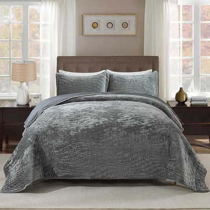 HoneiLife Velvet Quilt Sets King - Lightweight Bedspreads 3-Pieces, Stripe Coverlets Rustic Bed Cover King Quilt Bedding Sets for All Season Use, Grey