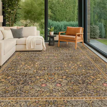 Large 8x12 Boho Living Room Rug - Gold Brown Geometric Floral Area Rug for Dining Room Under Table, Bedroom Under Bed, Low Pile & Soft - Vintage Design & Stain Resistance Carpet
