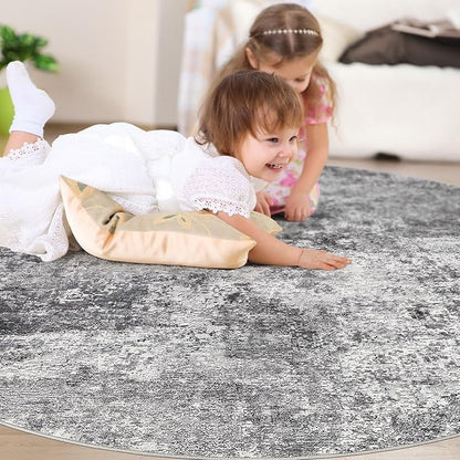 8ft Round Area Rug Living Room Rugs - 8x8 Washable Large Soft Indoor Neutral Modern Abstract Low Pile Rug Carpet for Bedroom Dining Room Farmhouse Home Office - Grey