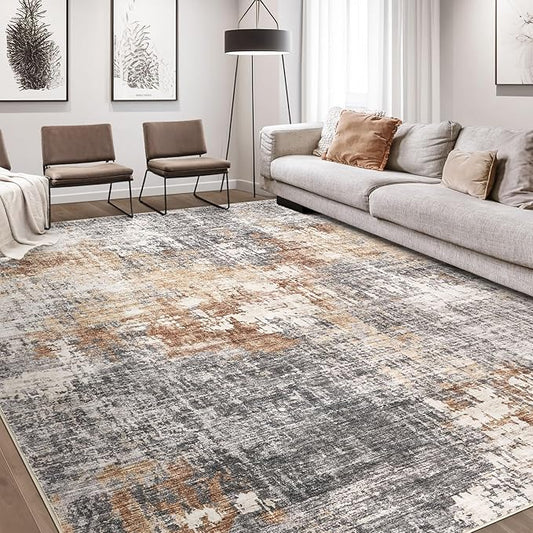 Area Rug Living Room Rugs - 9x12 Washable Large Soft Indoor Neutral Modern Abstract Low Pile Rug Carpet for Bedroom Dining Room Farmhouse Home Office - Grey Brown