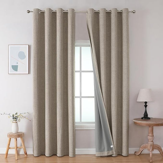 Joydeco Blackout Curtains 63 Inches Long 2 Panels Burg, Room Darkening Curtains for Bedroom, 100% Black Out Textured Thermal Drapes Privacy Protection 2 Panels Set(W52 x L63 Inch, Linen)