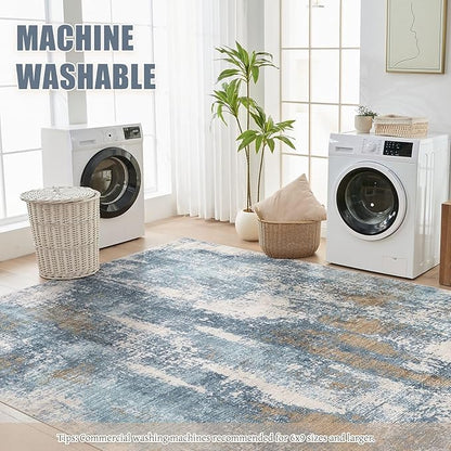 Area Rug Living Room Rugs - 9x12 Washable Large Soft Indoor Neutral Modern Abstract Low Pile Rug Carpet for Bedroom Dining Room Farmhouse Home Office - Blue Brown