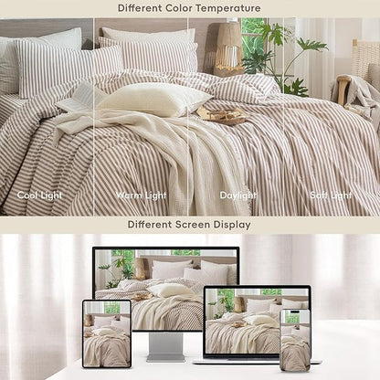 MooMee Striped Duvet Cover Set 100% Washed Cotton Linen Like Textured Breathable Durable Soft Comfy (Orange Classic Stripes, Super Queen 90"x98")
