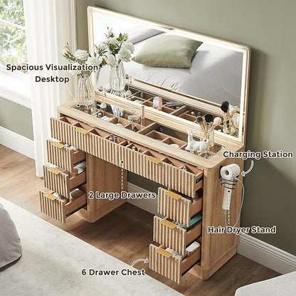 T4TREAM 48" Fluted Makeup Vanity Desk with Large Led Lighted Mirror, Modern Vanity Table with 8 Drawers & Charging Station, Glass Top Dressing Table for Bedroom, Natural Oak