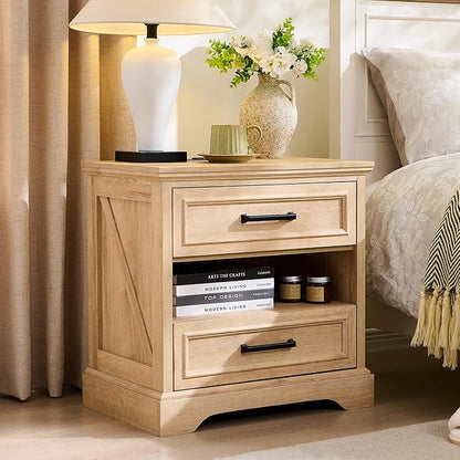 ACCOHOHO 24" Farmhouse Nightstand Set of 2 with Charging Station, 2 Drawers Large Bedside Table with Open Shelf, Rustic End Table for Bedroom - Natural Oak