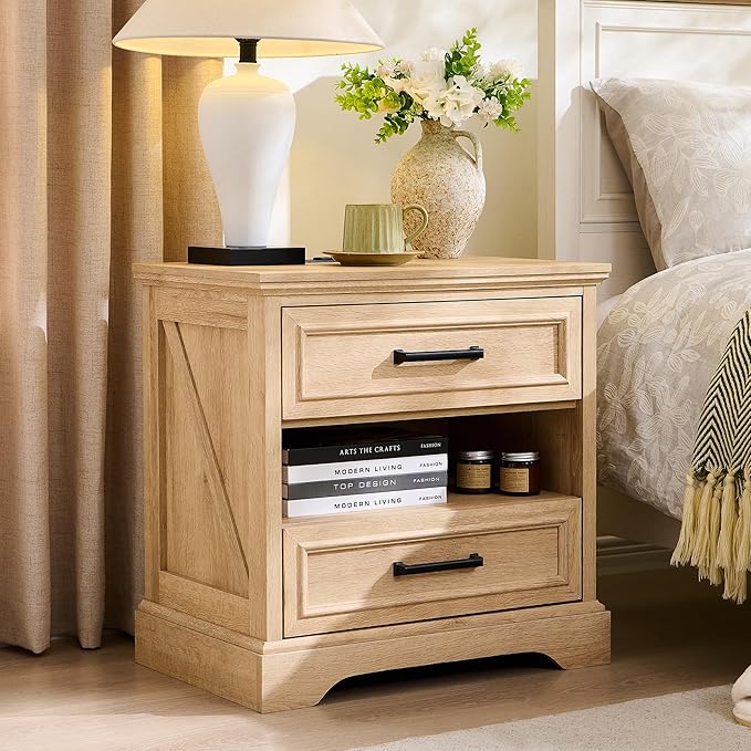 ACCOHOHO 24" Farmhouse Nightstand with Charging Station, 2 Drawers Large Bedside Table with Open Shelf, Rustic End Table for Bedroom - Natural Oak