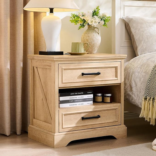ACCOHOHO 24" Farmhouse Nightstand with Charging Station, 2 Drawers Large Bedside Table with Open Shelf, Rustic End Table for Bedroom - Natural Oak