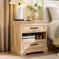 ACCOHOHO 24" Farmhouse Nightstand with Charging Station, 2 Drawers Large Bedside Table with Open Shelf, Rustic End Table for Bedroom - Natural Oak