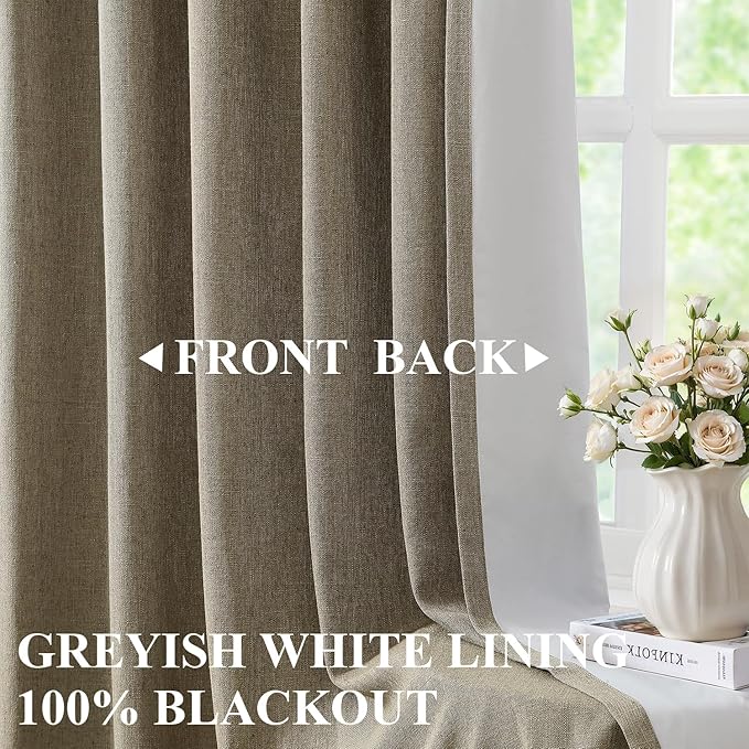 Vision Home Brown Linen Full Blackout Curtains 95 inch Long for Bedroom Living Room Darkening Light Blocking Window Panels Thermal Insulated Rod Pocket Back Tab Neutral Drapes 56" Wx95 Lx2