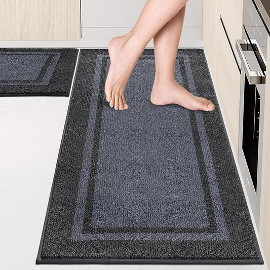 Kitchen Rugs Set (24" x 36"+24" x 60"), Non-Slip Machine Washable Kitchen Runner Rugs Floor Mats, Absorbent Comfort Standing Mat for Kitchen, Sink and Hallway, Rolled Packaging, Bluish Grey & Charcoal
