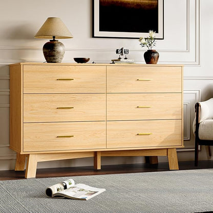 Dresser for Bedroom with 6-Drawer, 47.2" Modern Chest of Drawers with Metal Handles, X-Shape Base & Adjustable Center Leg, Anti-Tip Closet Organizers and Storage