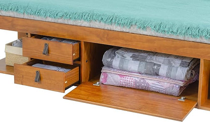 memomad Bali Slim Set: Storage Platform Bed with Drawers + Flat Panel Headboard (King Size, Oak Brown Wood)