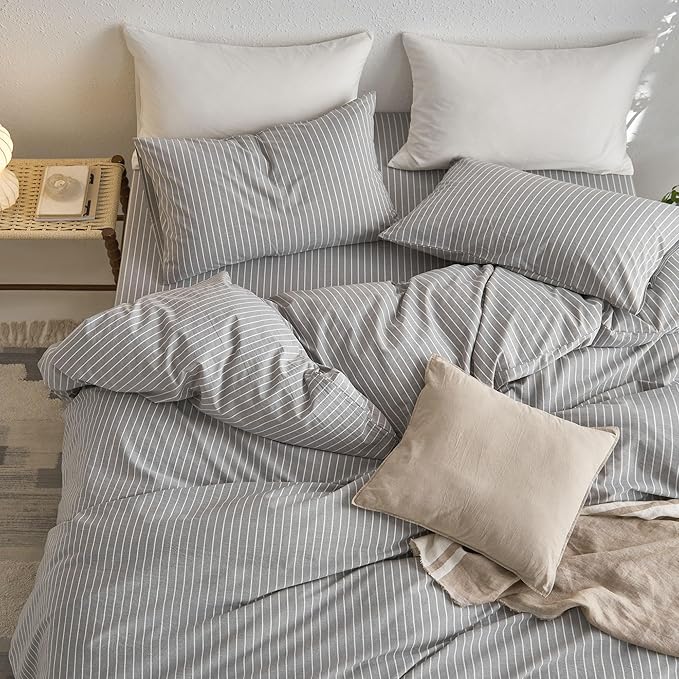 MooMee Striped Duvet Cover Set 100% Washed Cotton Linen Like Textured Breathable Durable Soft Comfy (Light Grey White Wide Stripes, Queen 90"x90")