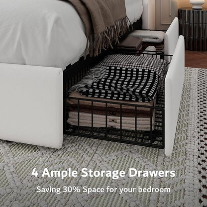iPormis Full Size Bed Frame with 4 Storage Drawers, Upholstered Platform Bed Frame with Type-C & USB Ports, Wingback Storage Headboard, Solid Wood Slats, No Box Spring Needed, White