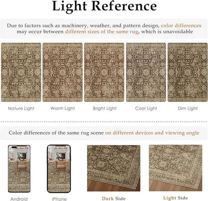 Brown 5x7 Area Rug Non Slip Vintage Living Room Distressed Machine Washable Carpet Retro Indoor Bedroom Floral Traditional Accent Throw Rug for Office Kitchen Dorm Dining Room