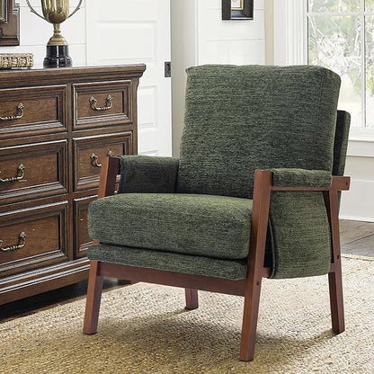 Green Accent Chair for Bedroom & Living Room, Mid Century Modern Accent Arm Chair, Upholstered Anthropologie Accent Chair with Solid Wood Frame, Fabric