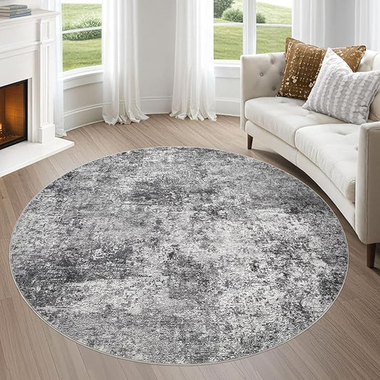 6ft Round Area Rug Living Room Rugs - 6x6 Washable Large Soft Indoor Neutral Modern Abstract Low Pile Rug Carpet for Bedroom Dining Room Farmhouse Home Office - Grey