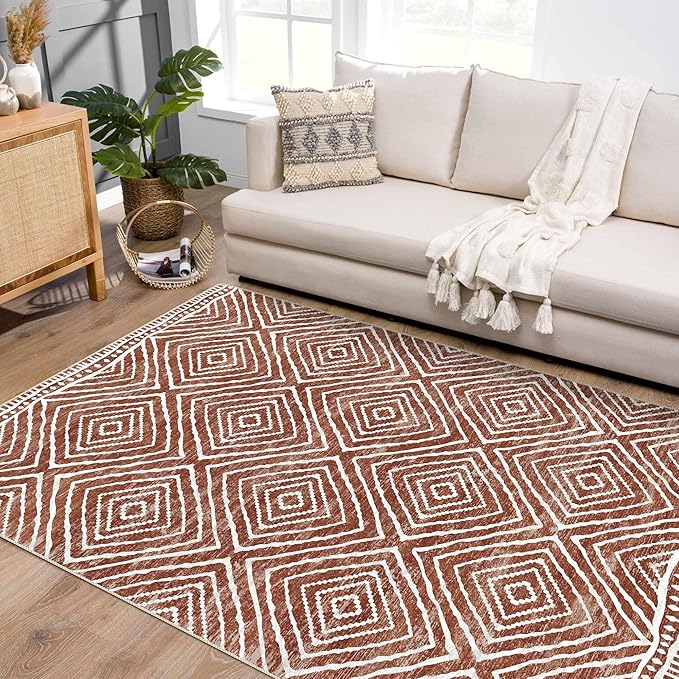 5x7 Area Rugs - Ultra-Thin Washable Rug with Non-Slip Backing, Ideal for Living Room, Bedroom, Kitchen Floor Carpet - Western Style, Easy Clean, Durable, Brown Red