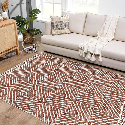 5x7 Area Rugs - Ultra-Thin Washable Rug with Non-Slip Backing, Ideal for Living Room, Bedroom, Kitchen Floor Carpet - Western Style, Easy Clean, Durable, Brown Red