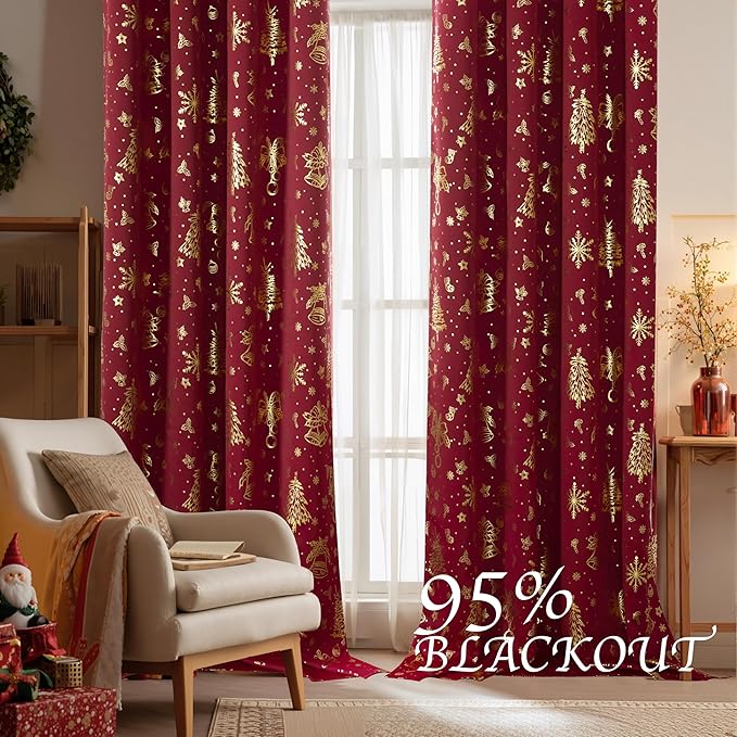 NICETOWN 2 Panels Christmas Grommet Pocket Curtains 52 x 95 Inch, Gold Stamped Holiday Window Drapes for Xmas Decorations, Festive Room Darkening Curtain Set for Living Room Bedroom, Seasonal Style
