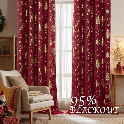NICETOWN 2 Panels Christmas Curtains W52 x L84 in, Gold Foil Christmas Tree Printed Thermal Insulated Curtains, Xmas Theme Holiday Decor for Bedroom Living Room, Xmas Gifts Drapes, Burgundy Red