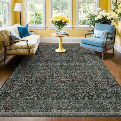 Dark Green Floral Living Room Rug 5x7 Area Rug - Vintage Forest Washable Mat for Dining Room, Bedroom, Low Pile Non Slip Stain Resistance Distressed Retro Indoor Boho Carpet (5x7 Dark Green)